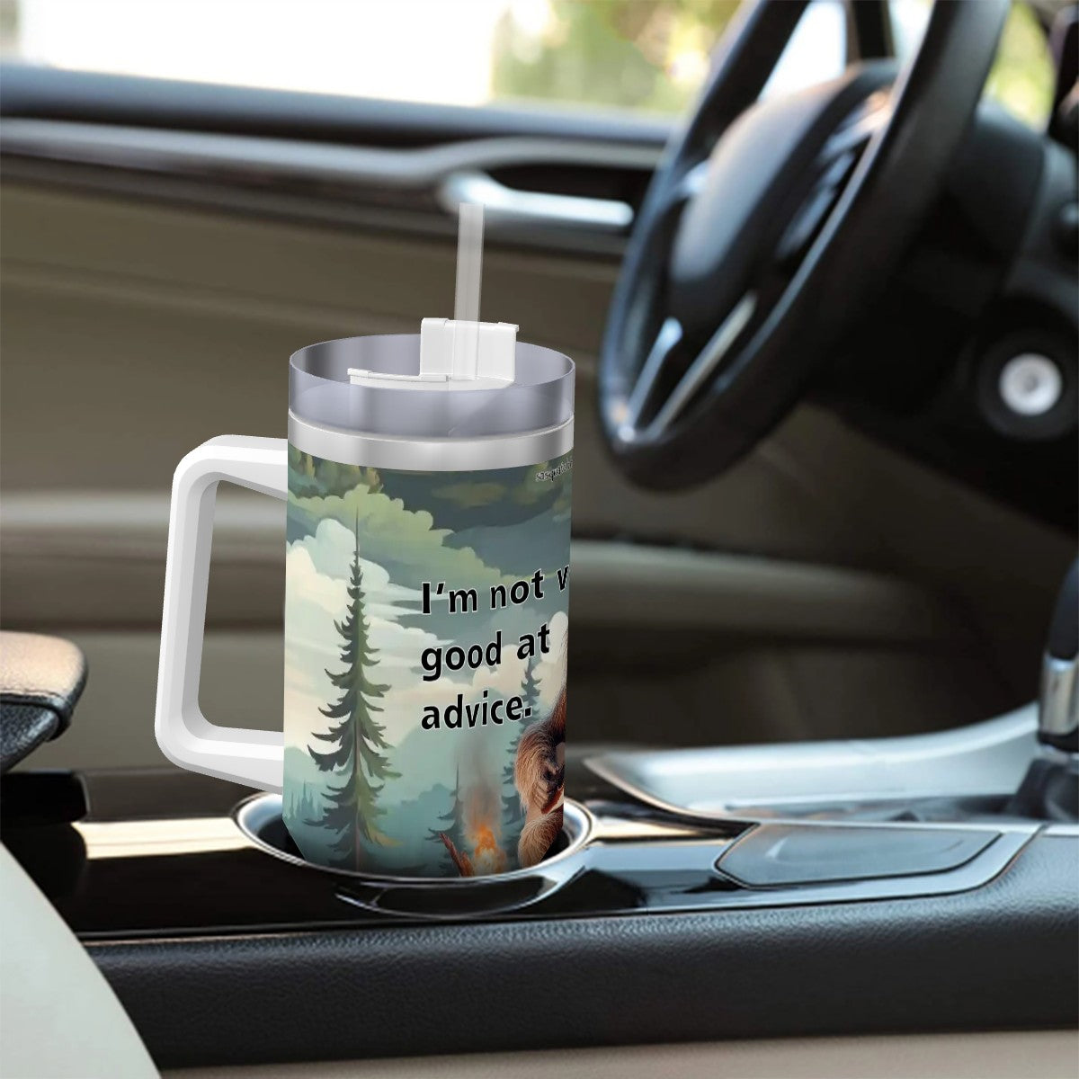 Bigfoot Sasquatch, "I'm Not Good at Advice", 40 oz Travel Coffee Mug with a Straw