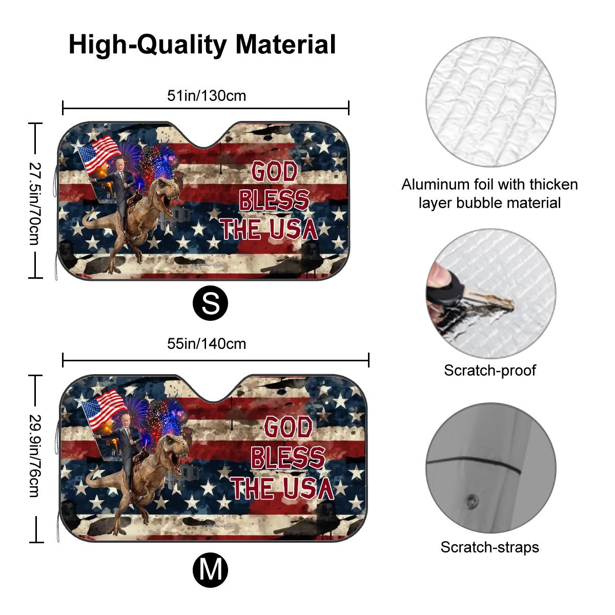 Donald Trump on TRex, "God bless the USA", Auto Car Windshield Sun Shade