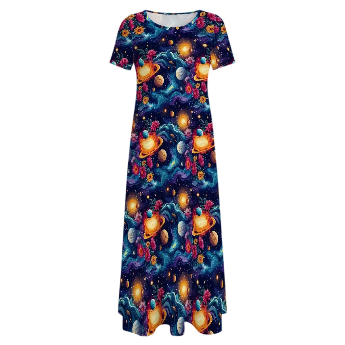 12 BEAUTIFUL Outer Space Designs, Crew Neck Short Sleeve Maxi Dress