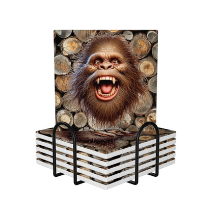 Bigfoot / Sasquatch Faces, 6 Ceramic Coasters w metal stand