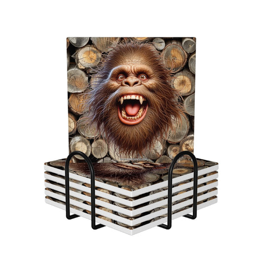 Bigfoot / Sasquatch Faces, 6 Ceramic Coasters w metal stand