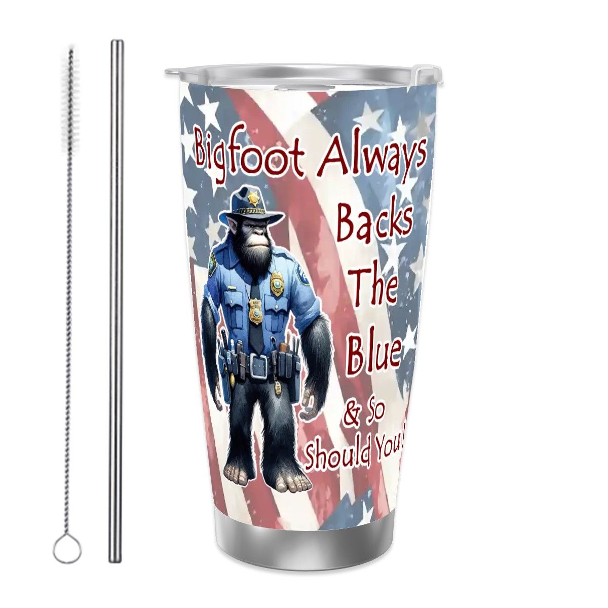 Bigfoot Police Officer, 20 oz Travel Coffee Mug w/ Straw & Brush Options