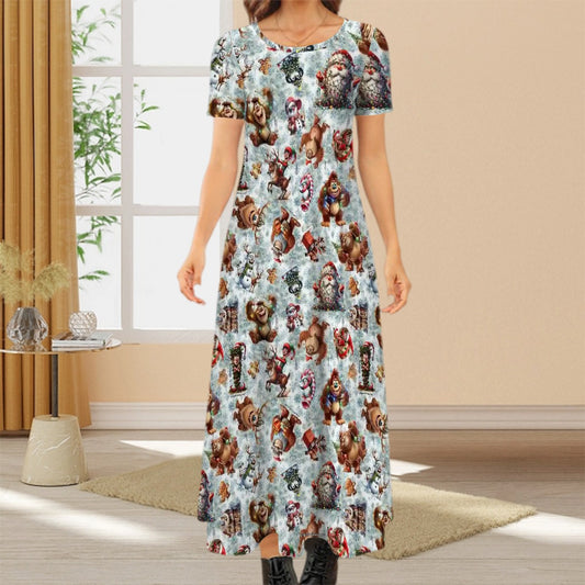 Sasquatch/ Bigfoot Themed Crew Neck Short Sleeve Maxi Dress