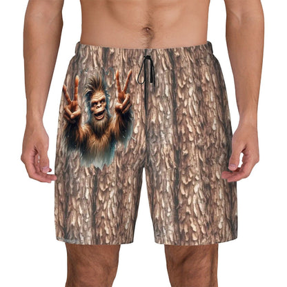 Double Peace Bigfoot, Sasquatch, Men Beach Shorts / Swim trunks with 4 Pockets