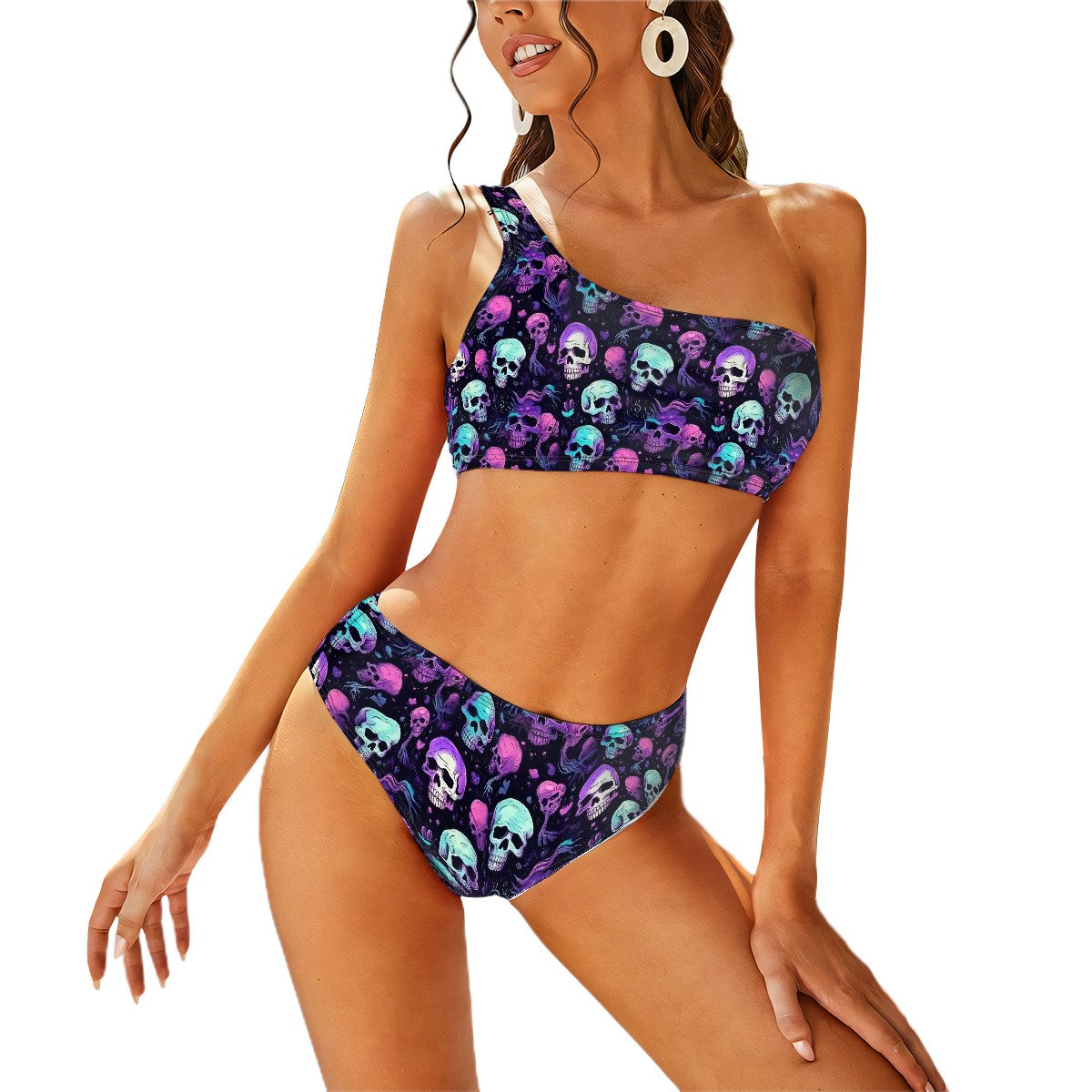 Assorted Skulls, Women One Shoulder Bikini High Waist Swimsuit