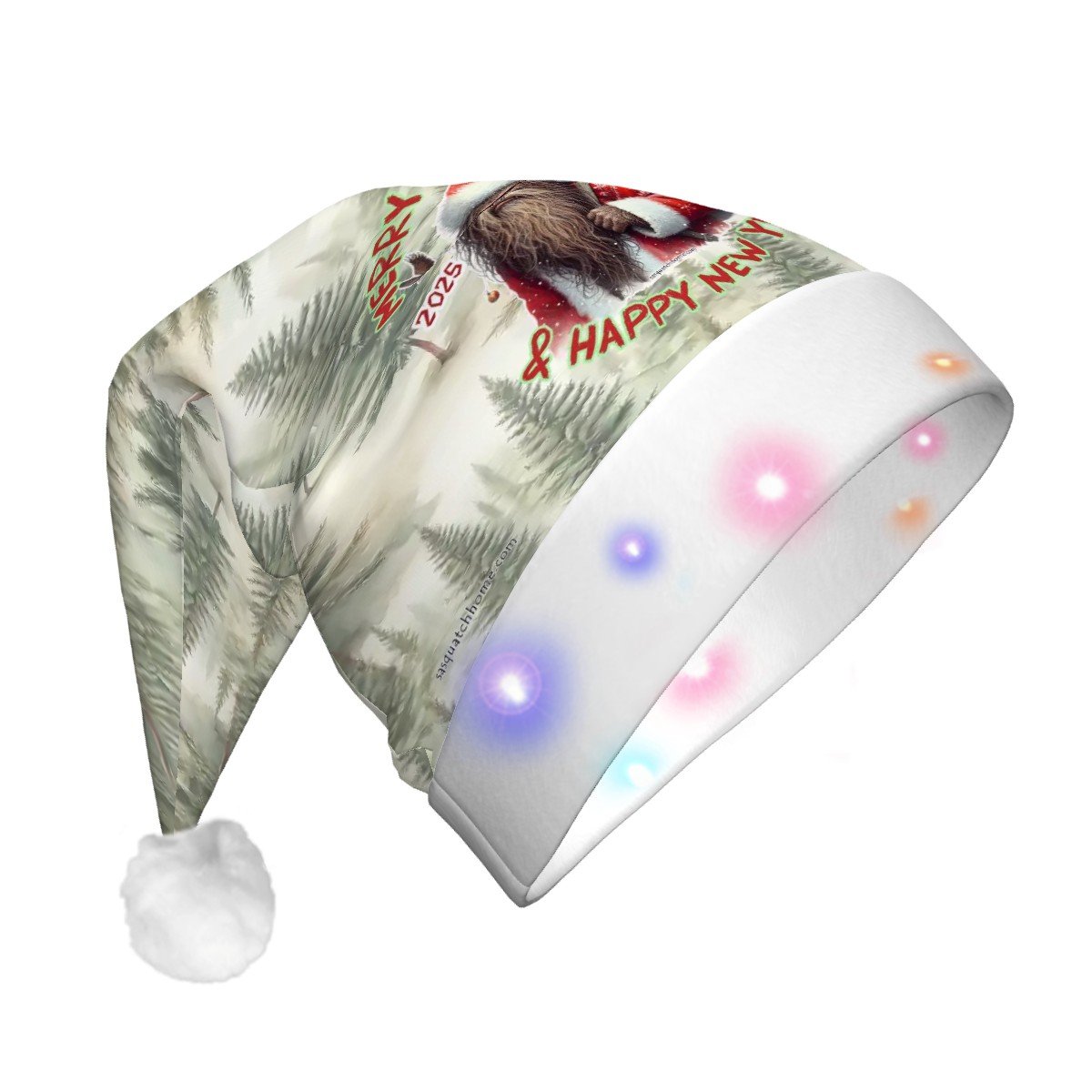 Sasquatch Bigfoot "Merry Squatchmas", Adult Plush Santa Hat with Light