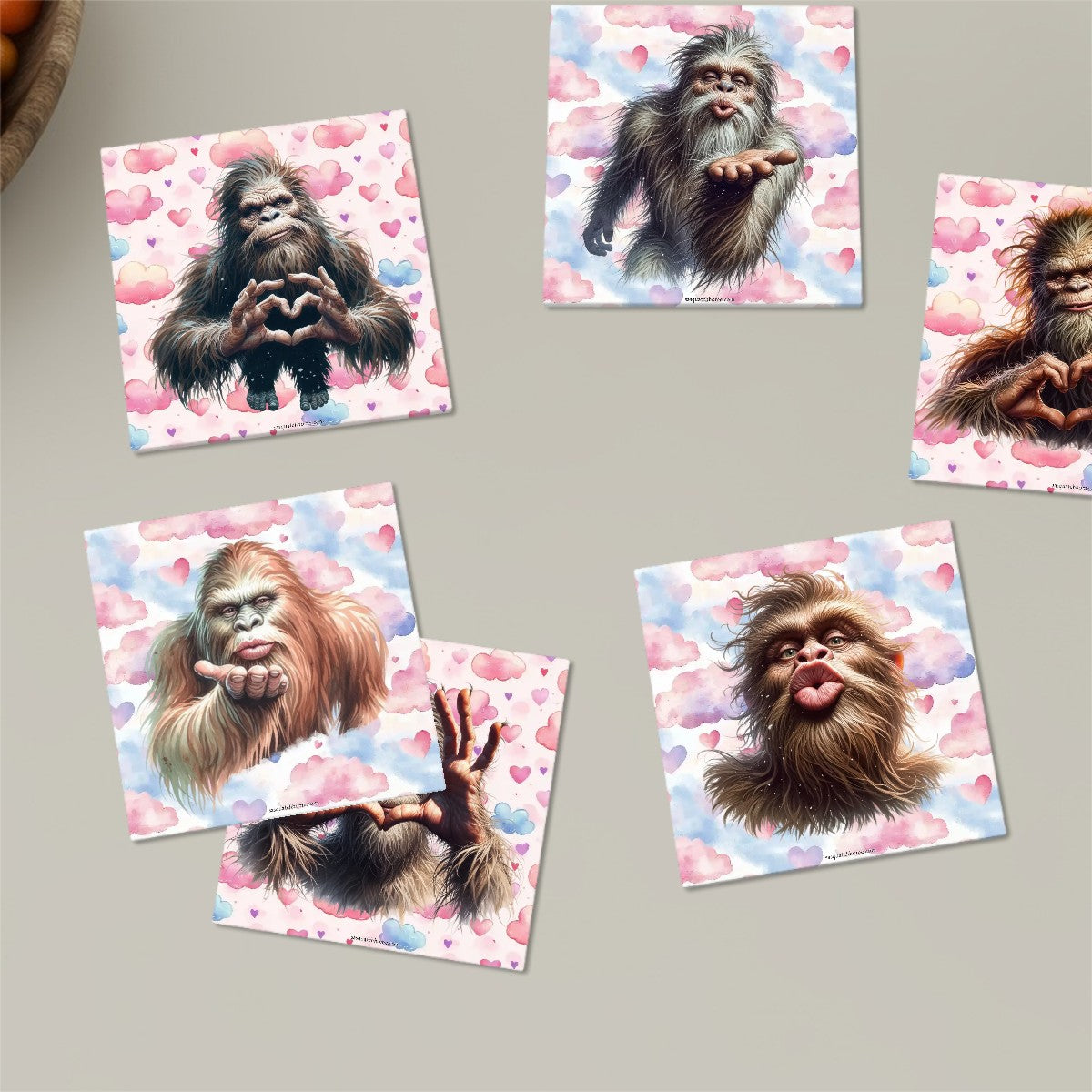 Bigfoot / Sasquatch Love, 6 Ceramic Coasters w metal stand