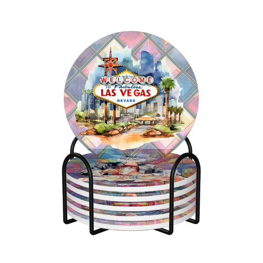 Las Vegas, Gambling Theme, 6 Ceramic Coasters w metal stand