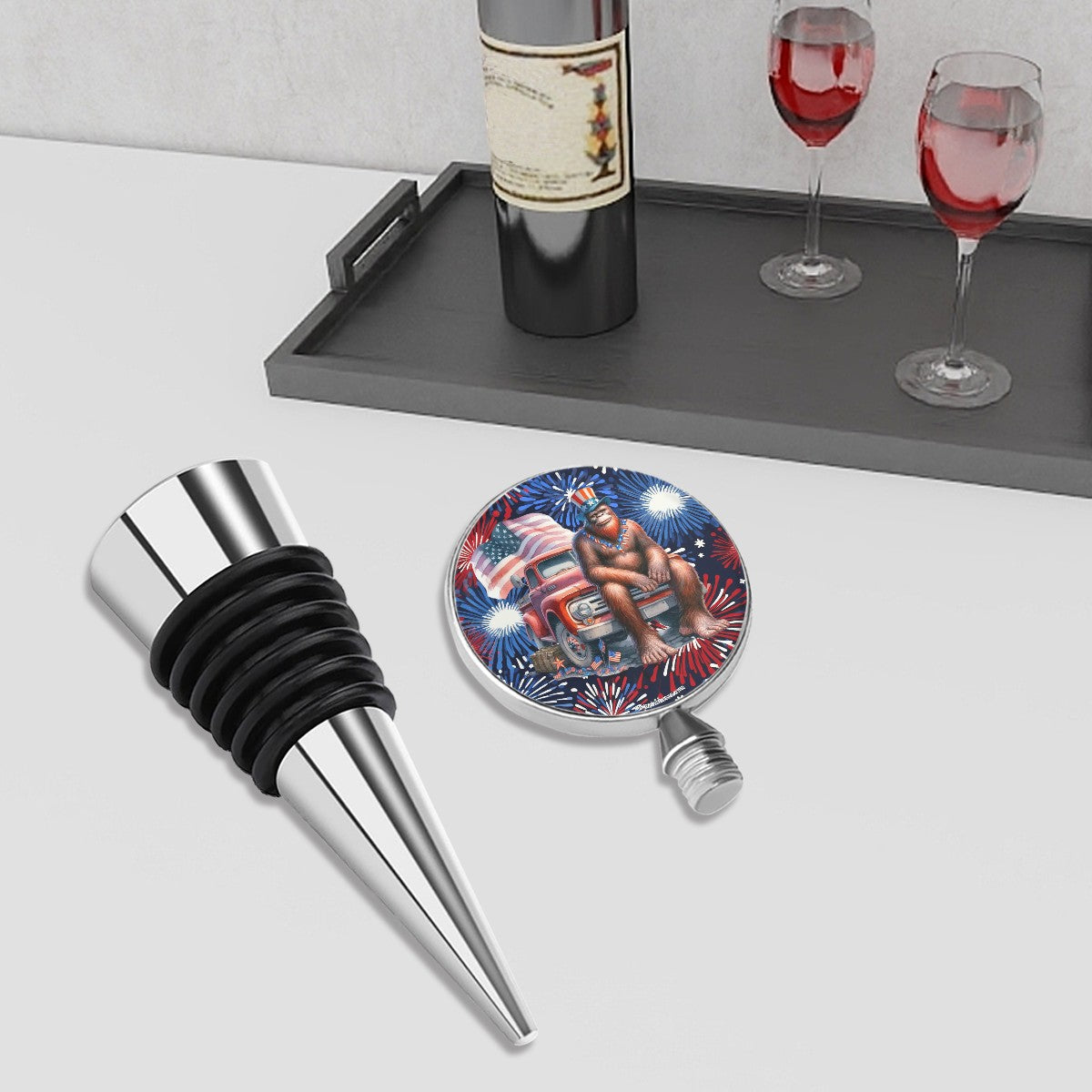 Patriot Bigfoot / Sasquatch on Truck, Wine Bottle Stopper
