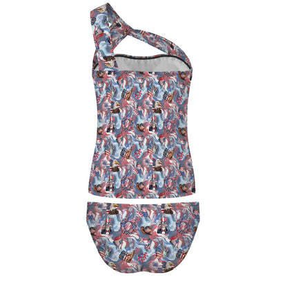 8 Patriotic Designs, Women One Shoulder Tankini, Two Piece, Unicorn, Cats, Dogs, Eagles