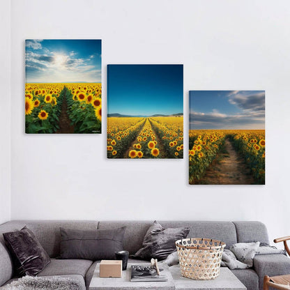 Sunflower Fields Canvas Wall Art -16”x 20” (x3) - Made In USA