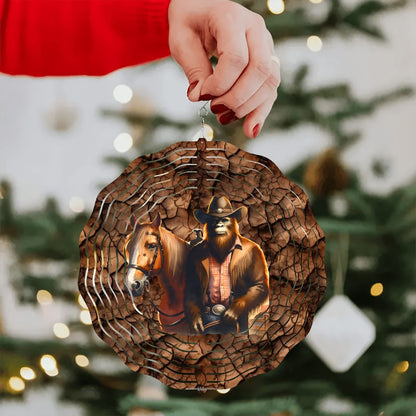 Bigfoot Sasquatch Cowboy, US Made Hanging Metal 3D Wind Spinner, Ornament