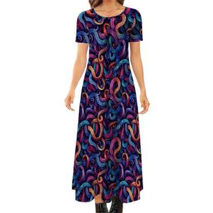 Colorful Design Crew Neck Short Sleeve Maxi Dress