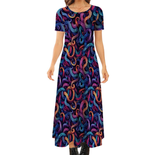 Colorful Design Crew Neck Short Sleeve Maxi Dress