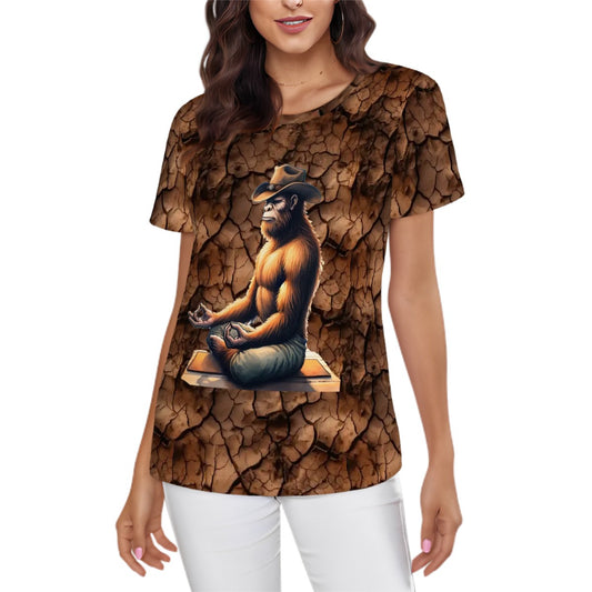 Bigfoot Yoga, Sasquatch, Women’s Polyester Short Sleeve T-Shirt