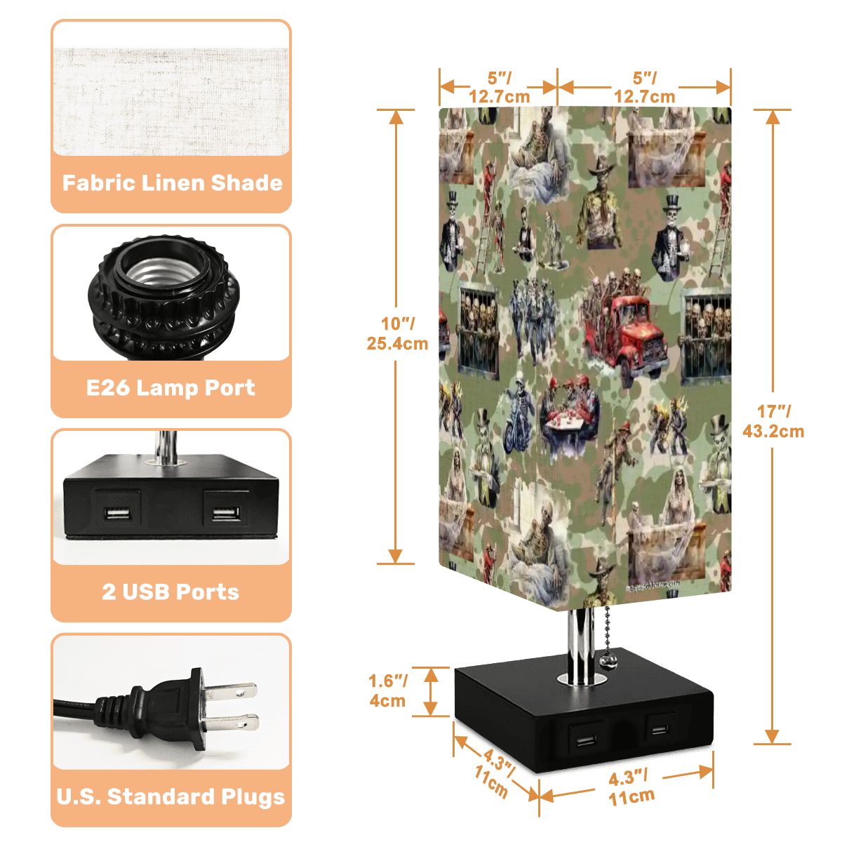 Zombie, Square Table Lamp with USB Ports, Charger