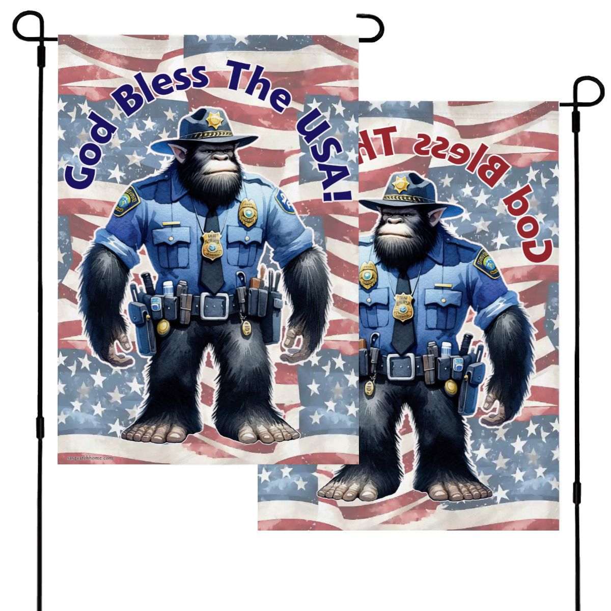 Police Officer Bigfoot Sasquatch Garden Flag 12"x18" (Made in USA) God Bless the USA