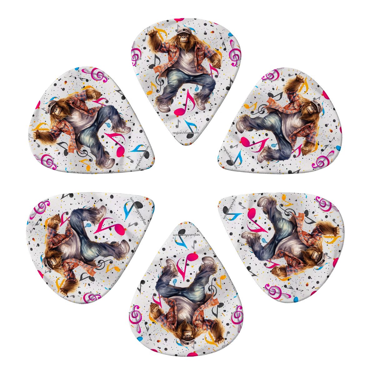 6 Guitar Picks with Keychain Snap Case- Dancing Sasquatch Bigfoot – 3 Thicknesses