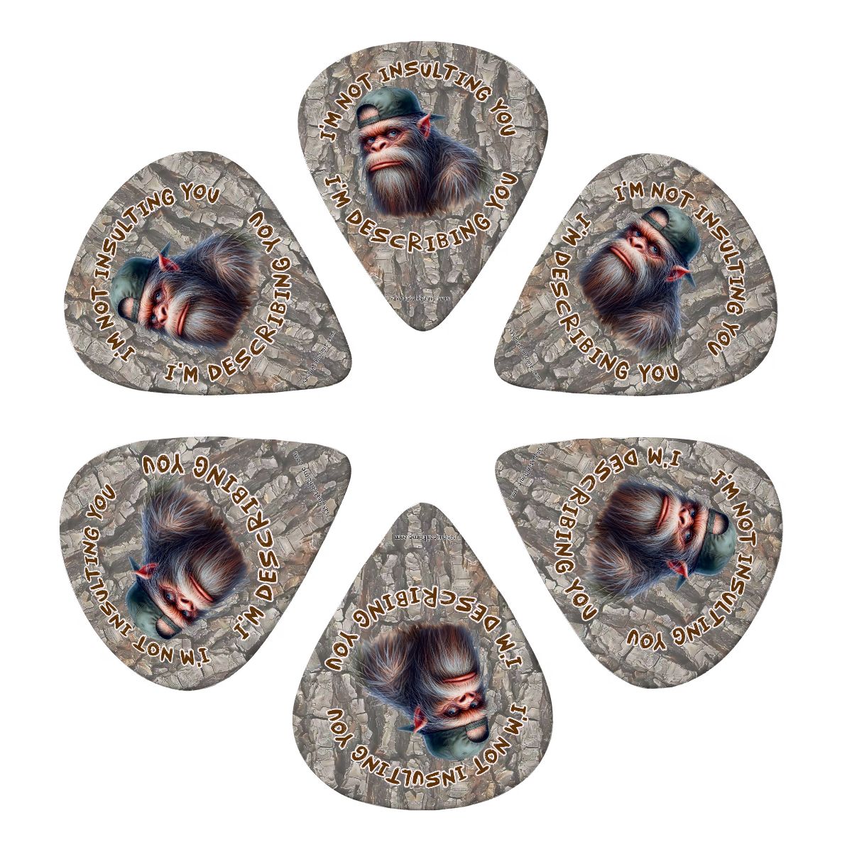 6 Guitar Picks with Keychain Snap Pick Wallet- Bigfoot Sasquatch "I'm not insulting..."  – 3 Thicknesses