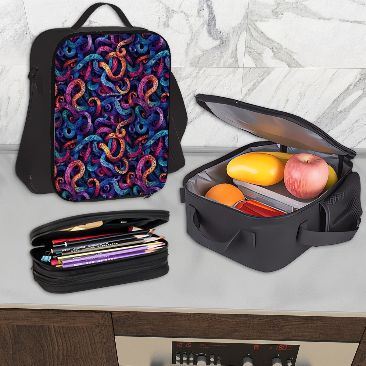 Psychedelic Design, 3 Piece Bag Set – Oxford Backpack, Lunch Bag, Pencil Pouch