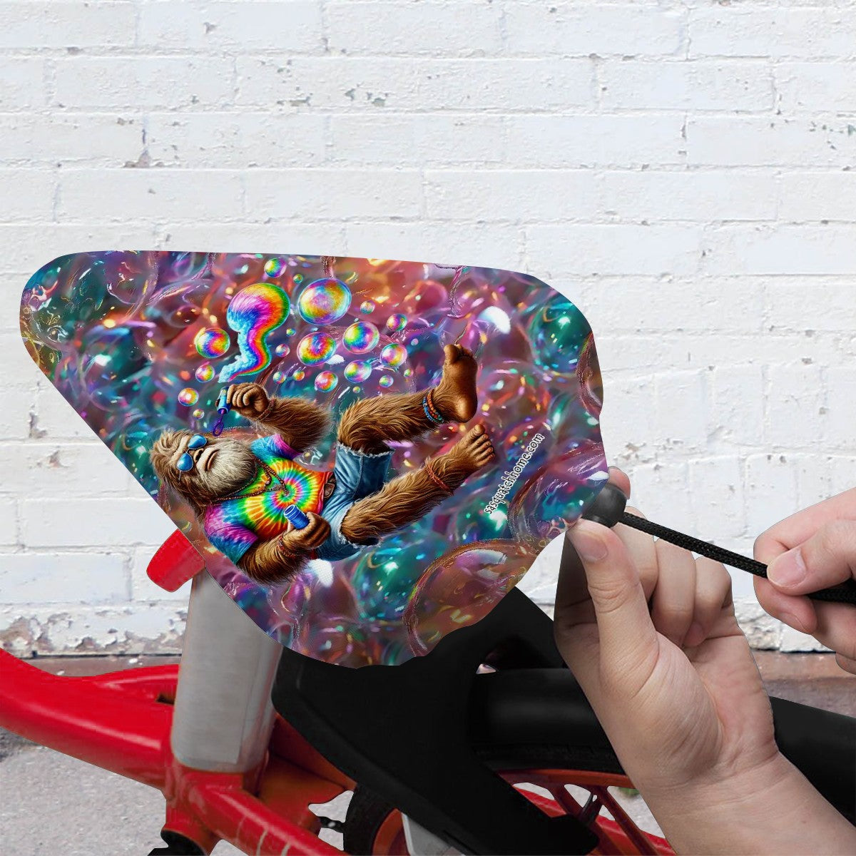 Hippie Bigfoot / Sasquatch Blowing Bubbles, Waterproof Bike Seat Cover