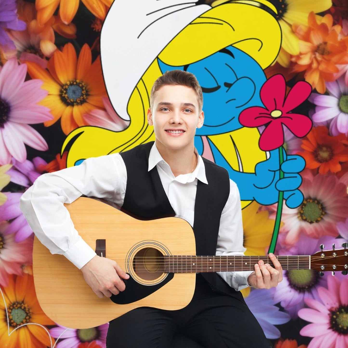 Smurfette "Smell the Flowers" Photography Backdrop-56"x79"/ 142x200cm (Excluding Frames)