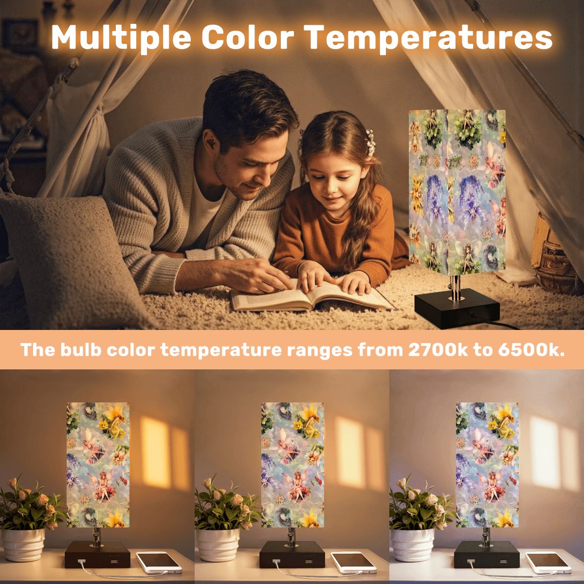 6 Fairy Designs, Square Table Lamp with USB Ports, Charger