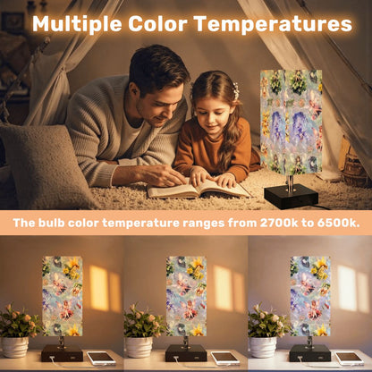 6 Fairy Designs, Square Table Lamp with USB Ports, Charger