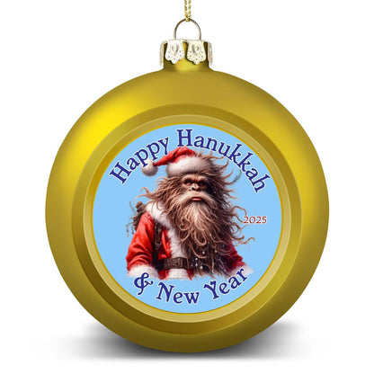 Bigfoot Sasquatch Santa, "Happy Hanukkah.." Christmas Ball Ornaments