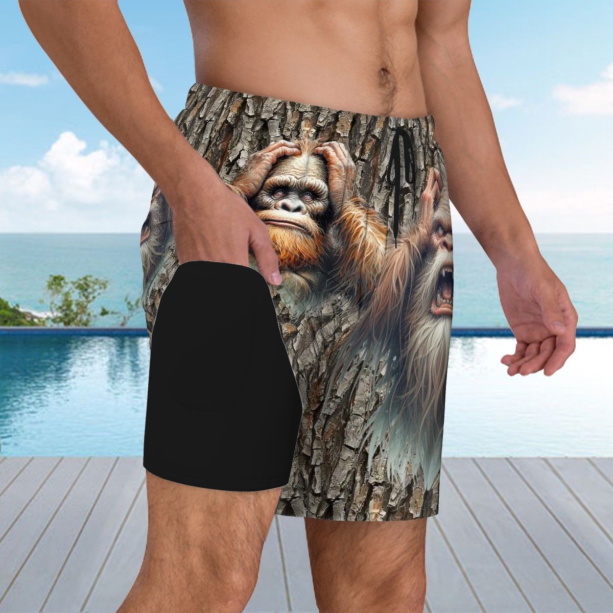 Crazy Bigfoot, Sasquatch, Men Beach Shorts / Swim trunks with 4 Pockets