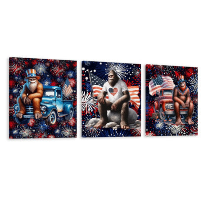 Patriot Bigfoot Sasquatch, Canvas Wall Art -16”x 20” (x3) - Made In USA