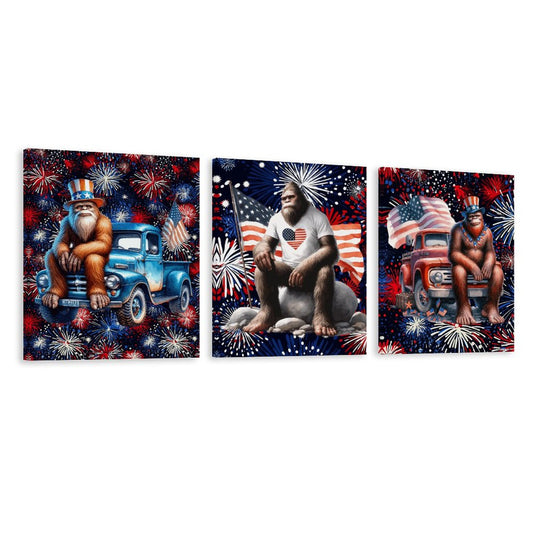 Patriot Bigfoot Sasquatch, Canvas Wall Art -16”x 20” (x3) - Made In USA