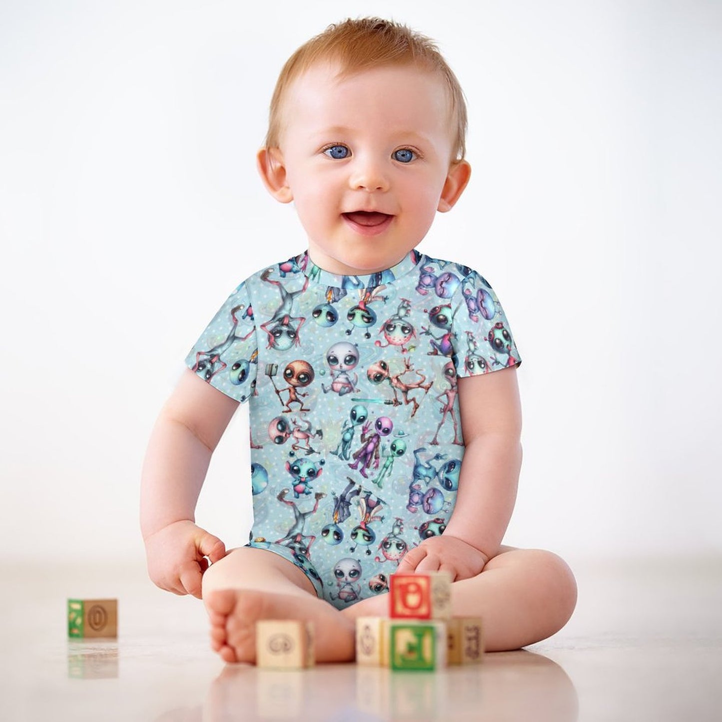 6 Alien Designs, Faux Cotton Short Sleeve Baby Bodysuit Romper