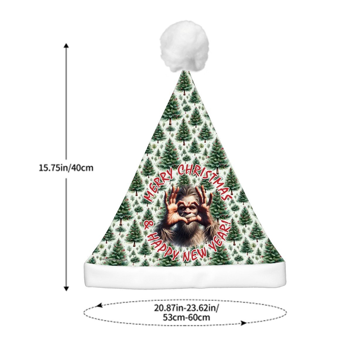 Bigfoot Sasquatch Heart Hands "Merry Christmas..", Adult Plush Santa Hat with Light