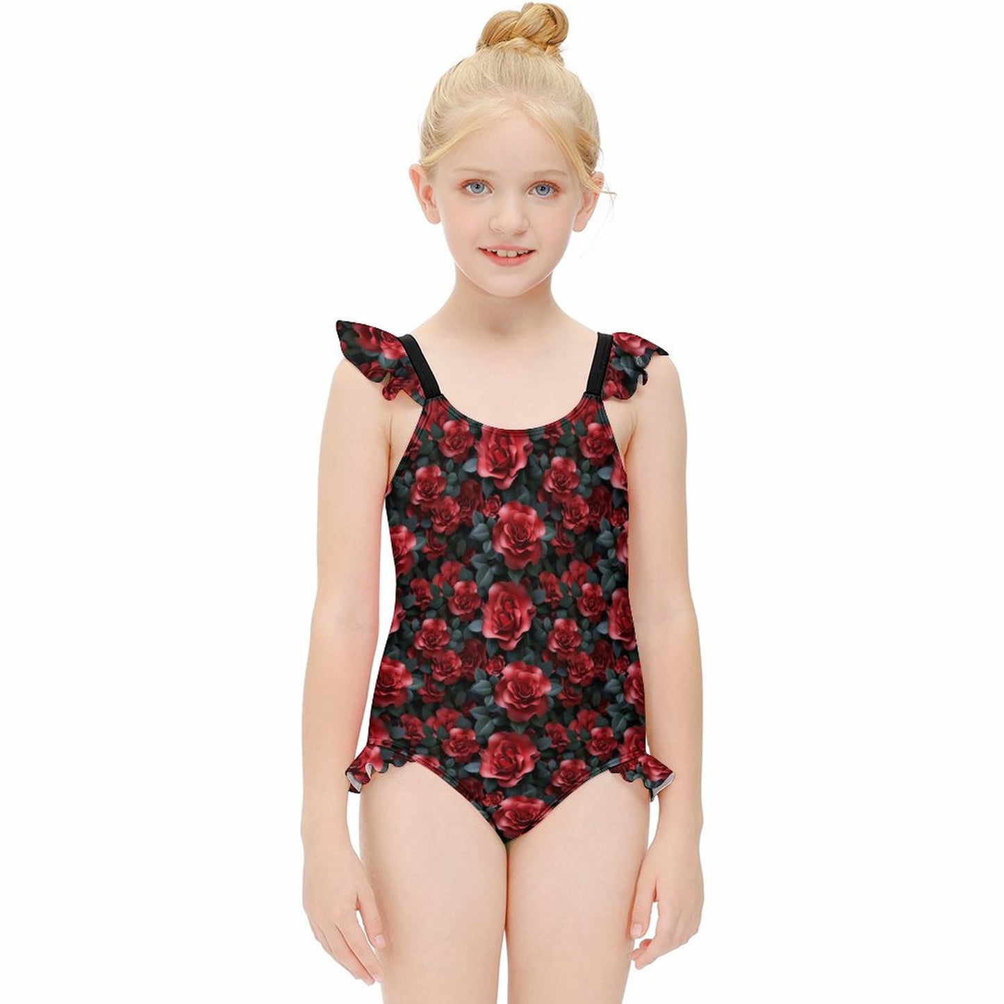 10 Beautiful Flower Designs, Girls One-Piece Summer Swimsuit, Ruffle Shoulder