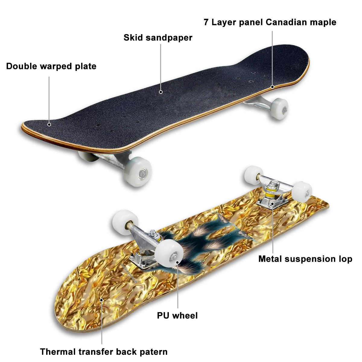 Bigfoot / Sasquatch Heart on Gold, High Density 7 Layer Skateboard, Made In USA