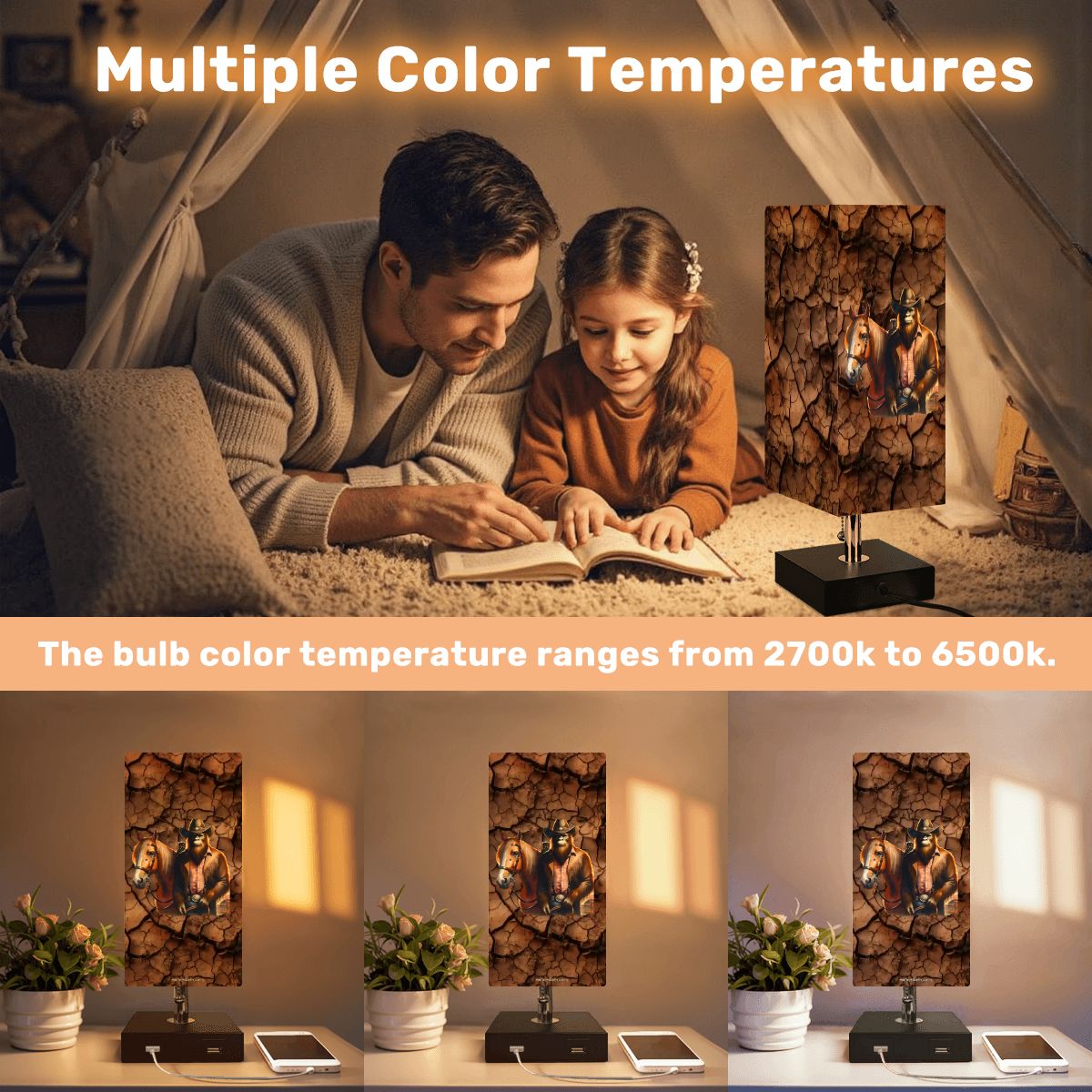 Bigfoot / Sasquatch Cowboy, Square Table Lamp with USB Ports, Charger