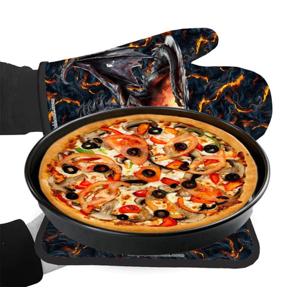 Set of 2 Oven Mitt and Pot Holder - Dragon & Lava