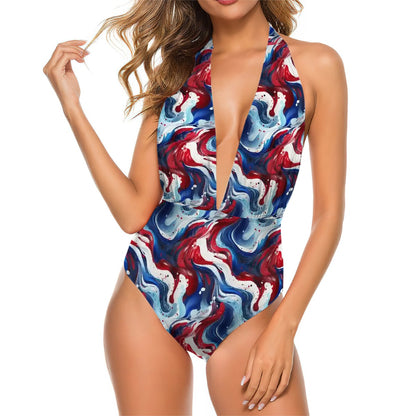 Patriotic Swirls, Women’s Deep V One Piece Swimsuit