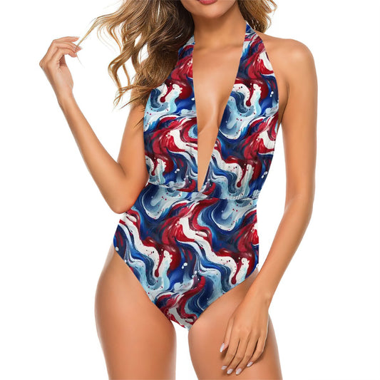 Patriotic Swirls, Women’s Deep V One Piece Swimsuit