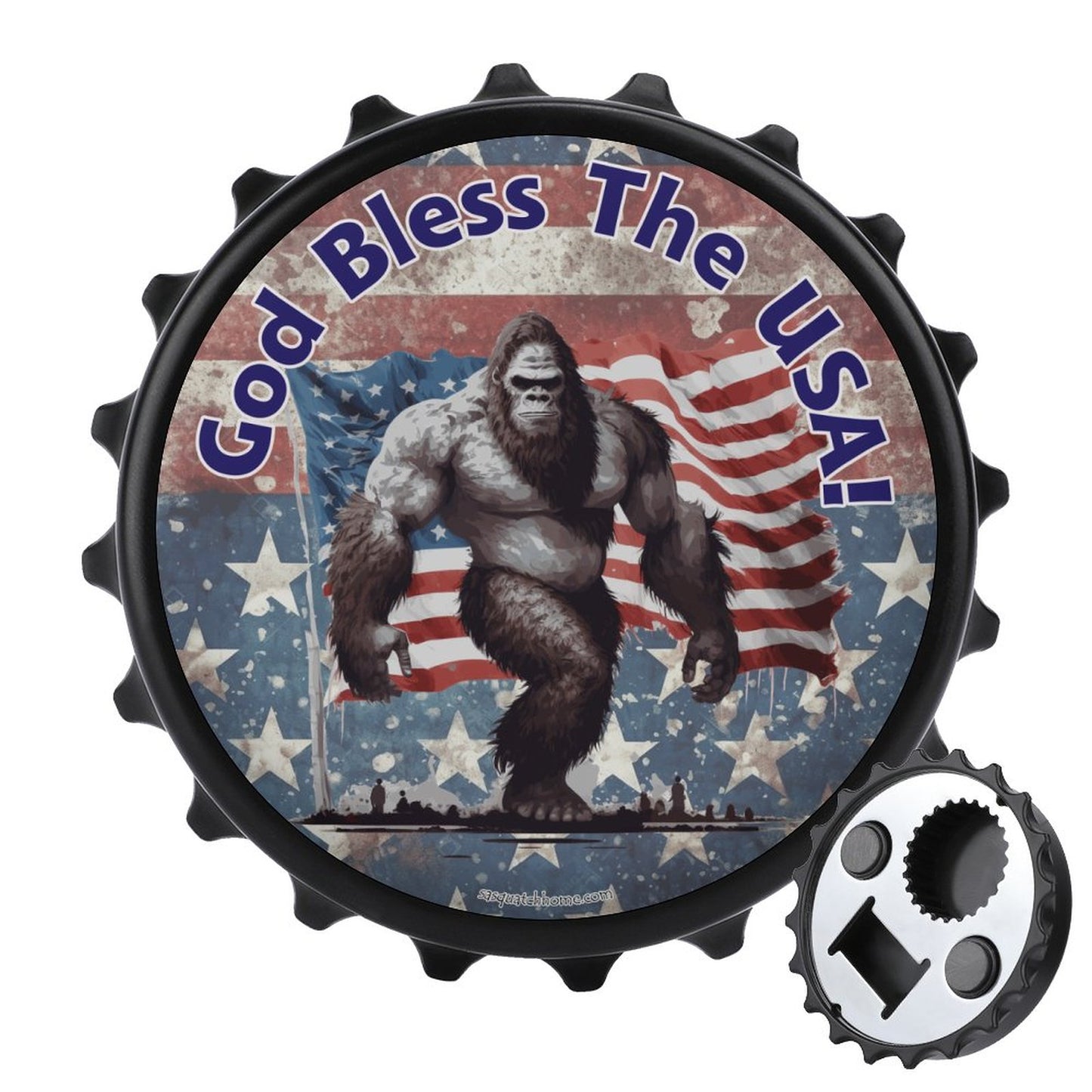 Bigfoot Sasquatch "God bless the USA", 3” Magnetic Can Opener / Coaster / Fridge Decor