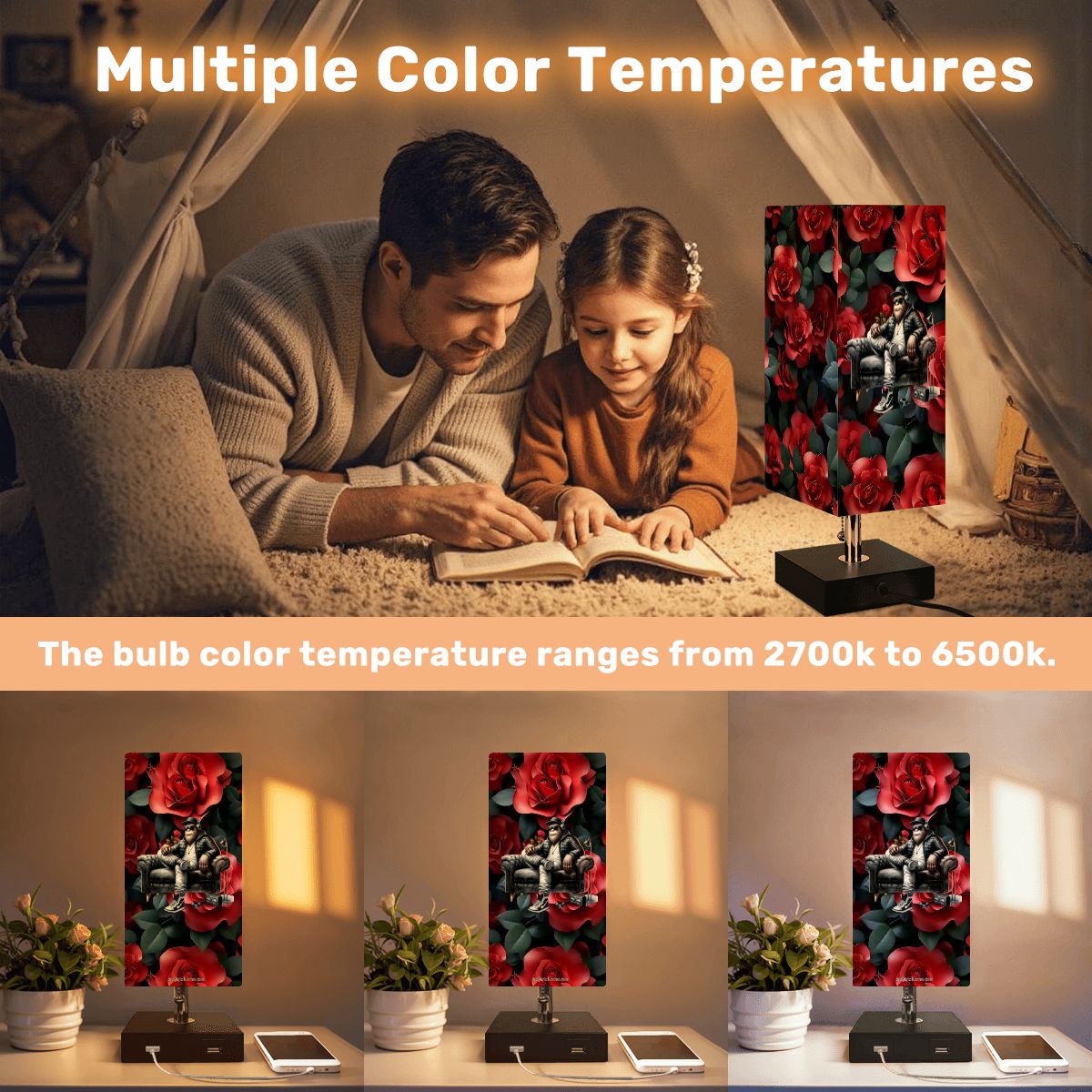 Bigfoot / Sasquatch Roses, Square Table Lamp with USB Ports, Charger