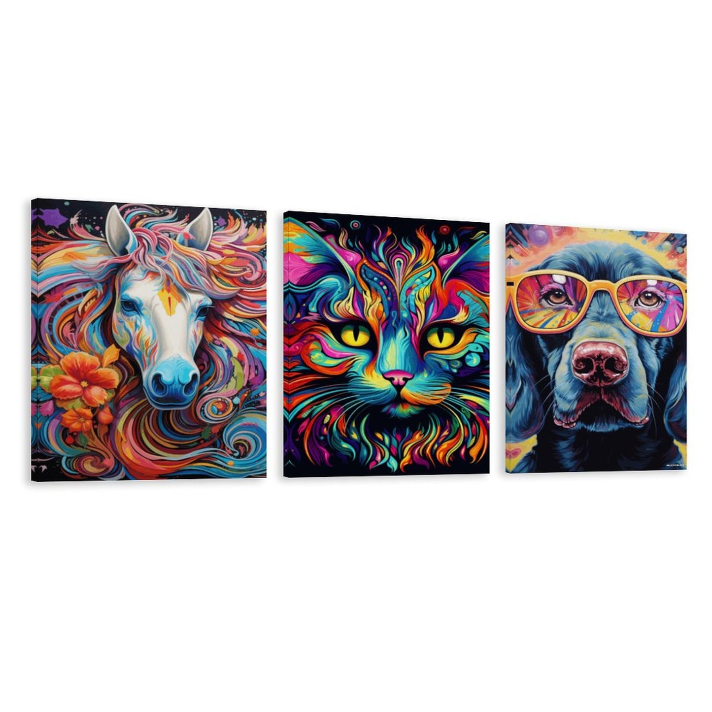 Psychedelic Animals, Canvas Wall Art -16”x 20” (x3) - Made In USA