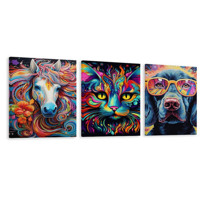 Psychedelic Animals, Canvas Wall Art -16”x 20” (x3) - Made In USA
