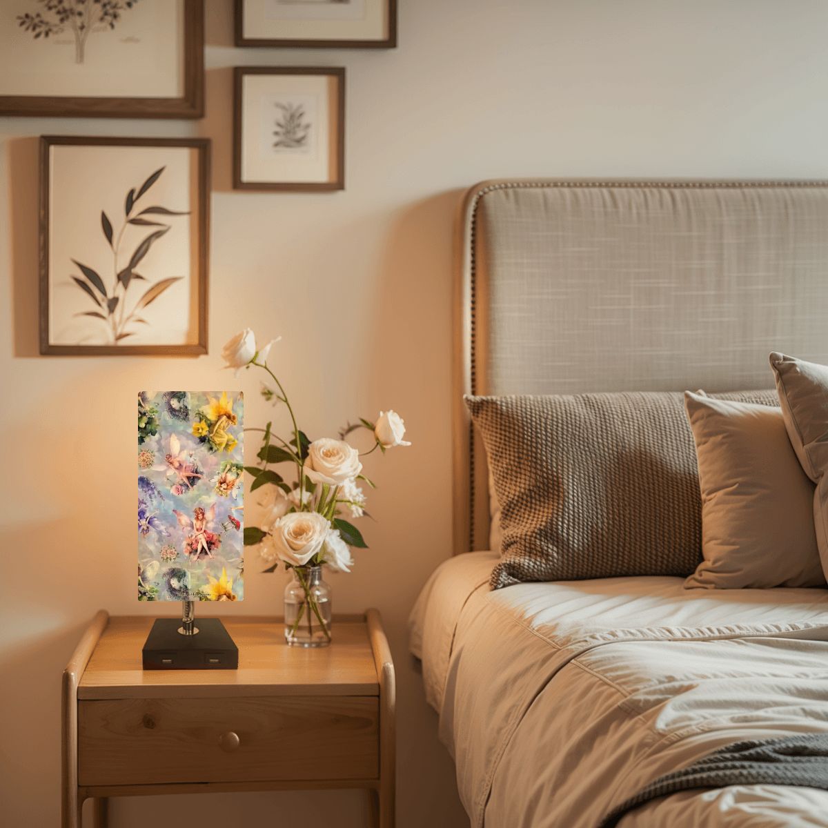 6 Fairy Designs, Square Table Lamp with USB Ports, Charger