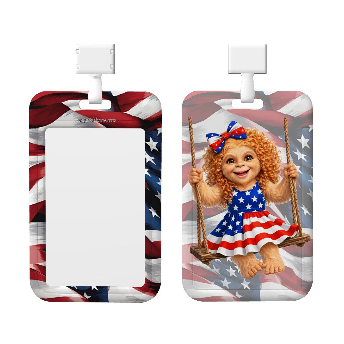 Patriotic Sasquatch Girl - Durable Double Sided Badge Holder