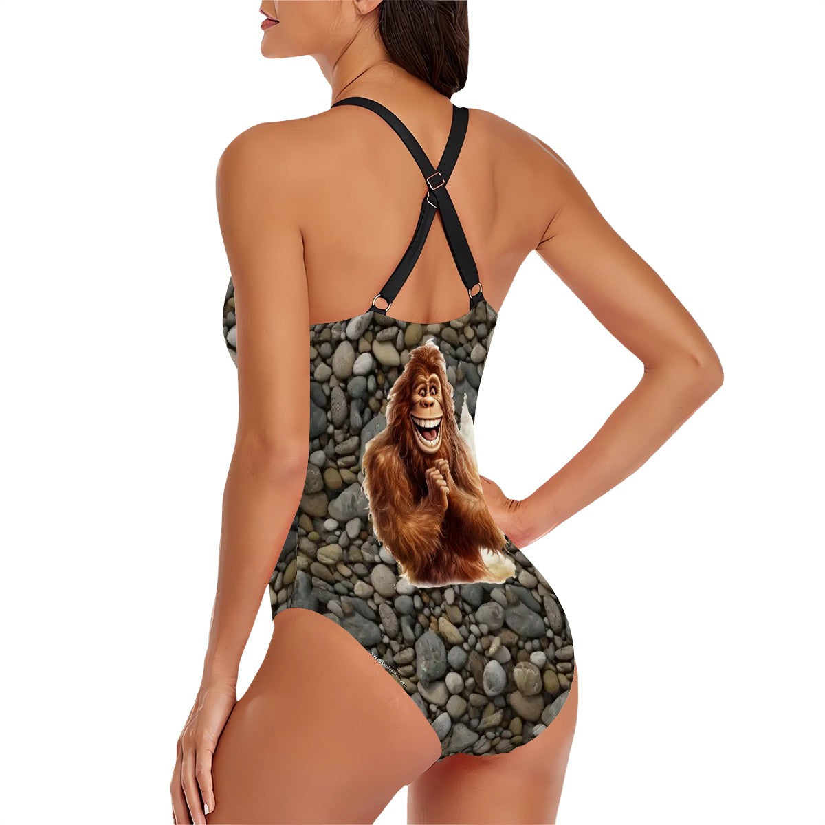 Happy Bigfoot, Sasquatch, Cross-Back One Piece Swimsuit