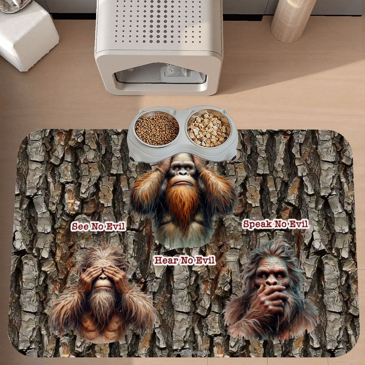 Bigfoot / Sasquatch, "See no evil..", Waterproof Pet Food Mat