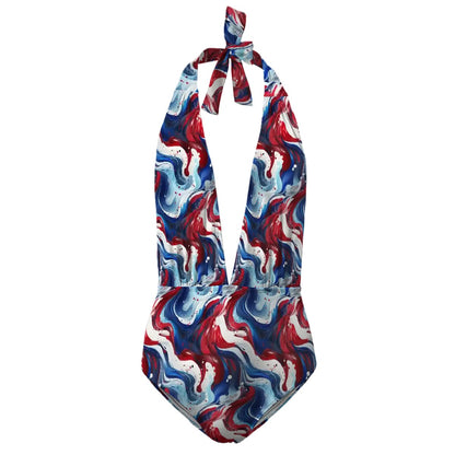 Patriotic Swirls, Women’s Deep V One Piece Swimsuit