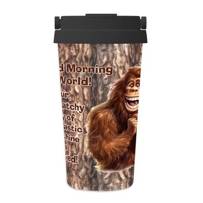 Bigfoot / Sasquatch "Good morning..", 17 oz Insulated Coffee Mug with Lid & Carrying Handle